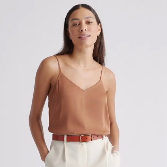 Quince Tops - Quince Washable Stretch Silk V-Neck Cami, Size S, in Copper Brown
